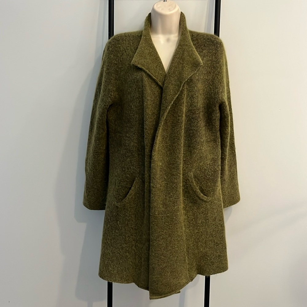Eileen Fisher Green Sweater Duster Cardigan Open Front Knit Mohair Blend Size MP